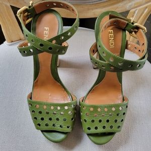 FENDI platform heels in army green leather with gold buckles